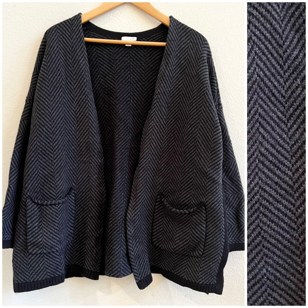 J Jill Wool Blend Herringbone Knit Open Front Cardigan Sweater Size M Grey Black